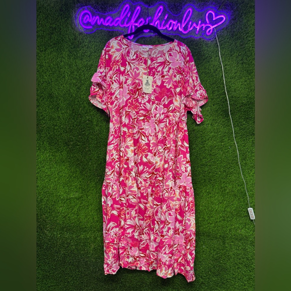 easel Pink Floral Midi Dress with Light Pink Accents